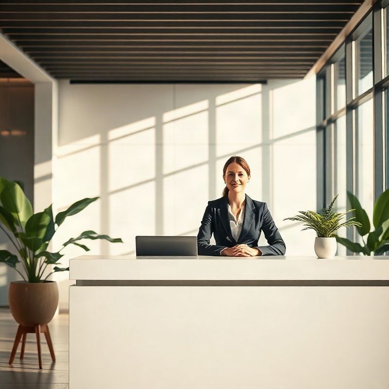 Consultora imobiliária em recepção clara e acolhedora