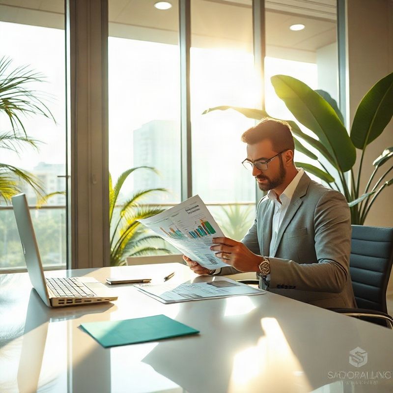 Profissional analisando dados de mercado imobiliário sobre uma mesa